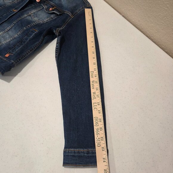 Denim Jacket Women's Size Large Cropped Stretch Long Sleeved Slit Pockets - Picture 13 of 16